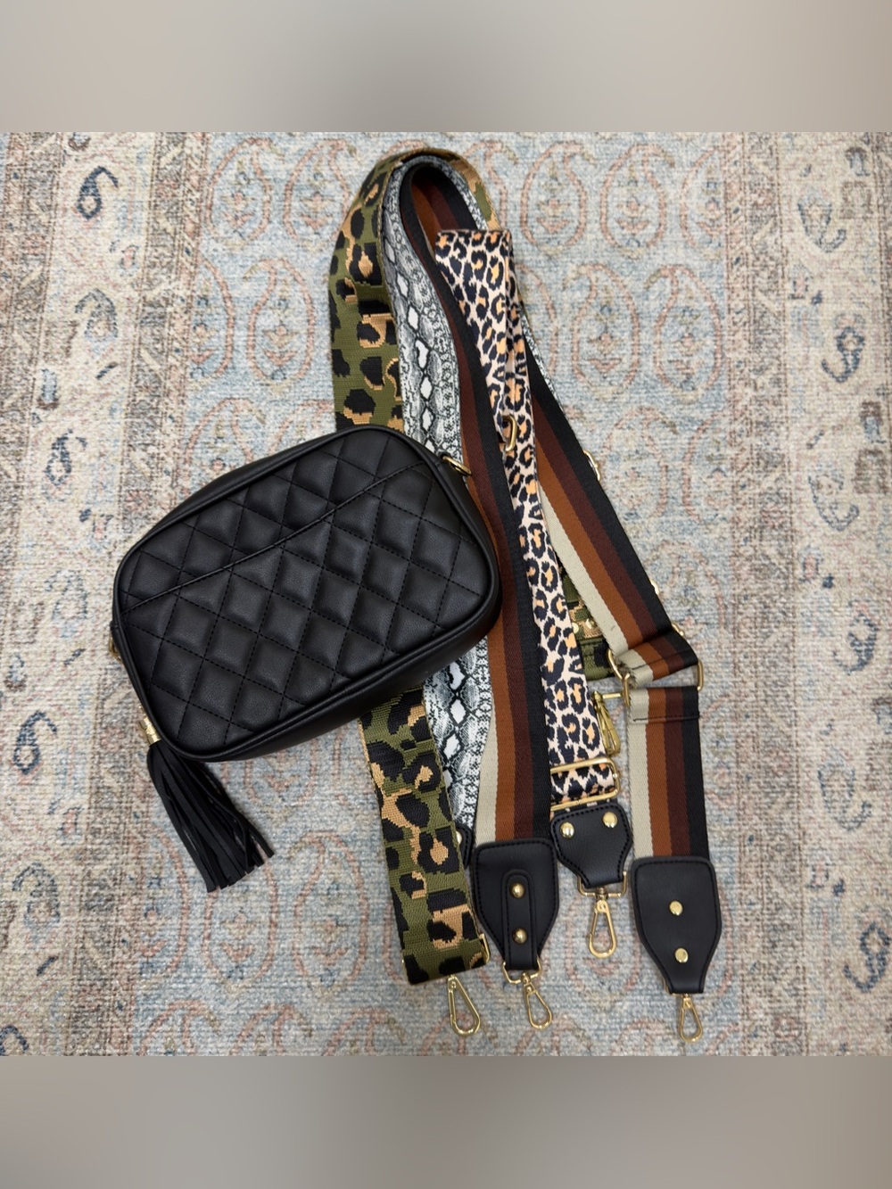 Lola Mae Black Quilted Crossbody Bag with Tassel and 4 Interchangeable Straps